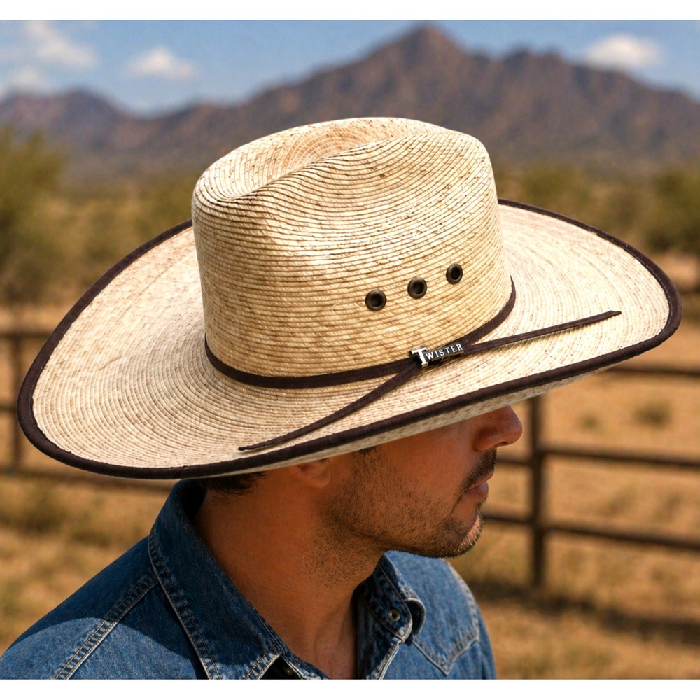 Twister Men's Brown Fired Palm Western Cowboy Hat 4.25" Brim EUC Size 7.5